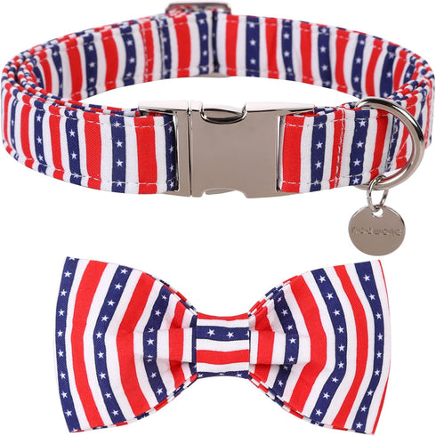 DOGWONG American Flag Dog Collar with Bowtie, Flag Cotton Dog Collar Comfortable Durable American Dog Collar - Memorial Day Collar for Small Mediu...