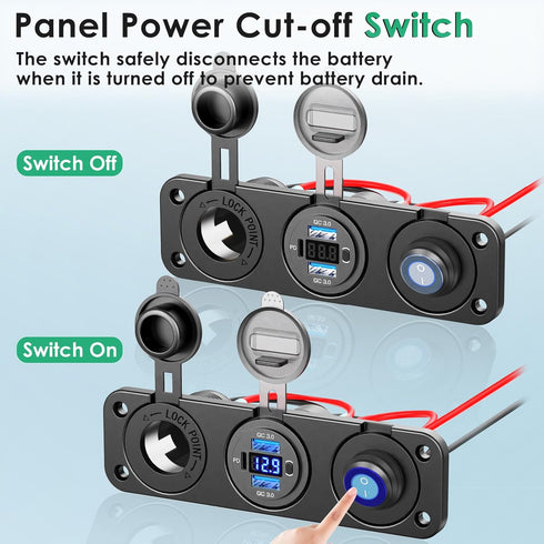 12V USB Outlet Panel 3 in 1, Dual Quick Charge 3.0 and PD3.0 USB C Car Charger Socket with LED Voltmeter, 300W Cigarette Lighter Socket and Toggle...