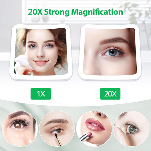Upgraded Rechargeable 20X Magnifying Mirror with Light, Square Lighted Makeup Mirror with Magnification, 20X Suction Cup Mirror with Light, Travel...