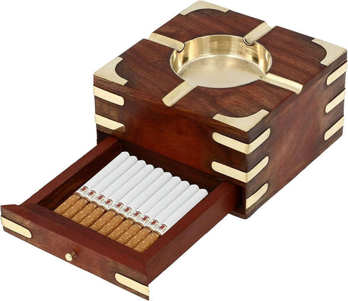 GURU JEE™ Handmade Indian Wooden Ashtray 4.5x4.5x2.25 Inch Indoor Outdoor Ashtrays With Storage Case Box Artisan Crafted Showpiece Gifts...
