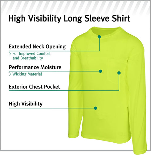 Safety Works High Visibility Economy Long Sleeve Shirt with Pocket, Performance Wicking Material, Breathable, Yellow, Large, (SW46406-L)...