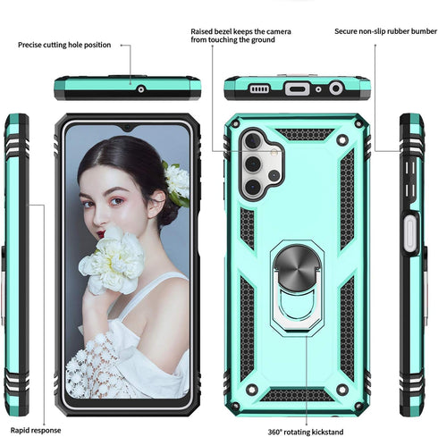 LeYi Samsung Galaxy A32 5G Case, Mint Military-Grade Ring Holder Kickstand Phone Case with 2 Pack Tempered Glass Screen Protector (Not Fit 4G)...