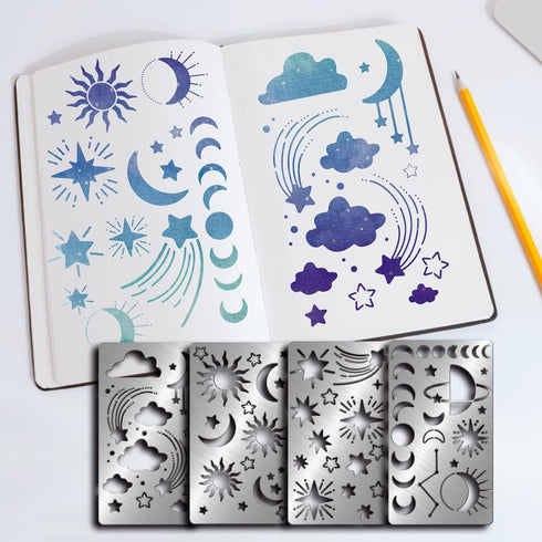 FINGERINSPIRE 4 Pcs Universe Space Theme Metal Stencils Template, (Sun, Moon, Stars, Clouds?Stainless Steel Drawing Painting Stencils for Scrapboo...