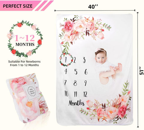 Baby Monthly Milestone Blanket for Boy Girl Soft Floral Memory Blanket Newborn Growth Chart Milestone Blanket Cute Photo Background Blanket with W...