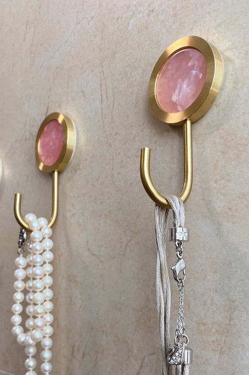 Solid Brass Decorative Wall Hook, Self-Adhesive Hole Free Wall Mount, Shining Gold Fancy Hook (Blossom Pink–Pack of 2)...