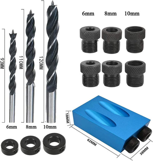 Pocket Hole Jig 14Pcs Kit - Woodwork Guides Joint Angle Tool Carpentry Locator - 15° Woodworking Inclined Hole Fixture 6/8/10mm Drill Bits Dowel S...