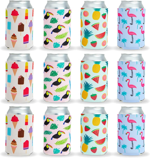 BLUE PANDA Neoprene Can Cooler Sleeves Summer Gift for Teacher - 12-Pack 4 Tropical Designs 2.5 x 4 In Fits 12 Oz - Insulating Summer Drink Cozy -...