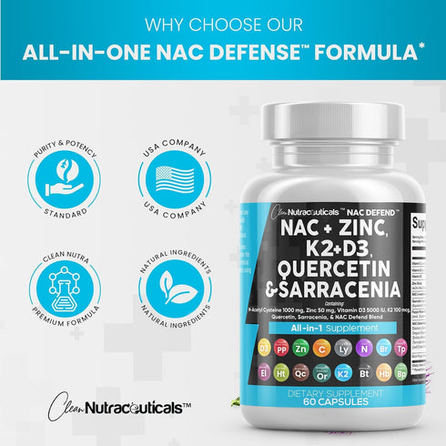 Clean Nutraceuticals NAC Supplement N-Acetyl Cysteine 1000mg Vitamin D3 K2 Zinc Quercetin 1000mg Sarracenia Purpurea 1000mg with Elderberry Holy B...