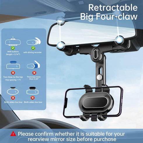 Rearview Mirror Phone Holder for Car,360°Rotatable and Retractable Multifunctional Rear View Mirror Phone Holder,Four Corners Fixed Anti-Shake Des...
