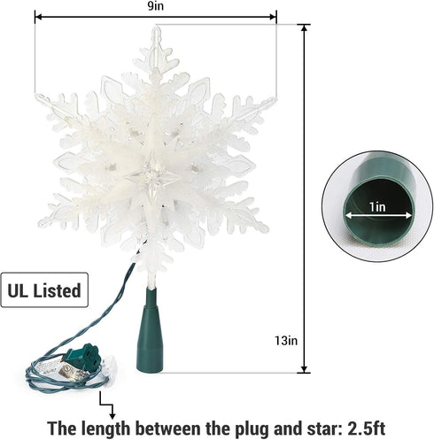 Brizled Christmas Snowflake Tree Topper, 9.25in Lighted Christmas Treetop with 20 Warm White Lights, 120V UL Certified Plug in Christmas Tree Top ...