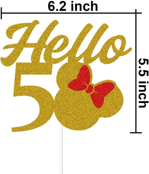 Mouse Inspired Hello 50 Cake Topper for 50th Birthday/Wedding Anniversary Party Decorations Supplies Gold and Red Glitter...