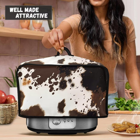 Brown Cow Print Slow Cooker Dust Cover with Side Mesh Pocket Dustproof Portable Slow Cooker Protcetor Compatible with 6, 7 or 8 Quart Crock Pots K...