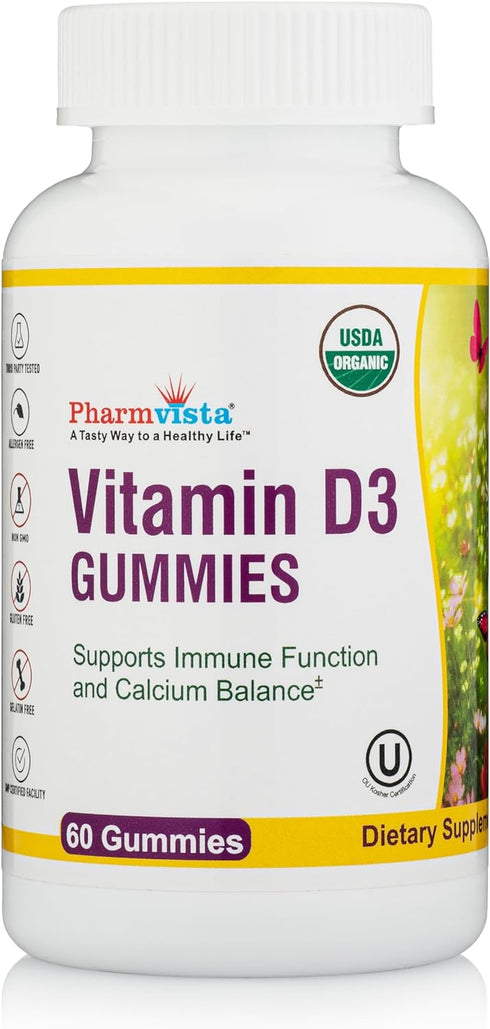 Organic Vitamin D3 Gummy Bears - Tasty, Gelatin-Free, Vegetarian Way to take Your Sunshine Vitamin (60 Count)...