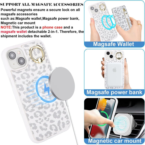 iPhone 13 case with Card Holder, iPhone 13 Phone Case Wallet for Women magsafe Compatible Wallet Detachable 2-in-1 for Men-White Leopard......