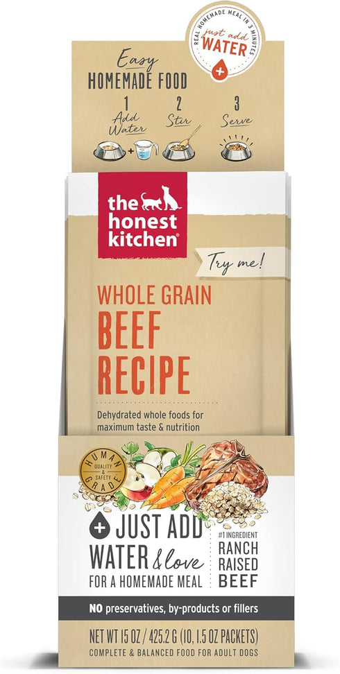 The Honest Kitchen Human Grade Dehydrated Whole Grain Dog Food – Complete Meal or Dog Food Topper – Beef 10-Pack of 1.5 oz Sachets...