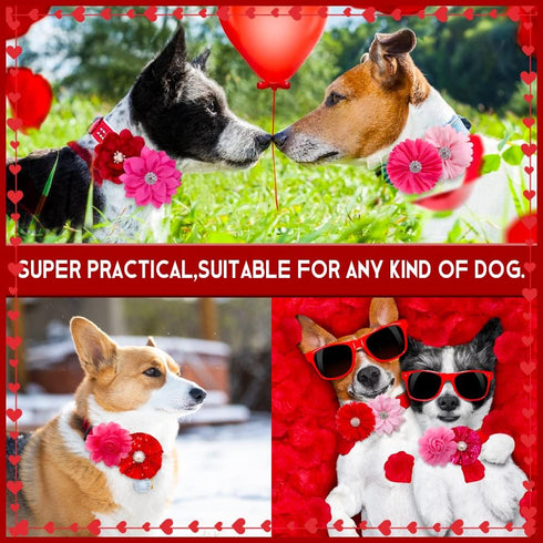 20pcs Pink Rose Red Pet Dog Collar Attachment Flower Bows, Slide Small Dog Collar Bowties, Removable Dog Bowties for Holiday Festival Valentine's ...