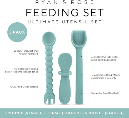 Ryan & Rose Ultimate Utensil Set of 3 Silicone Baby Spoons Silicone baby feeding set for baby led weaning, baby spoons self feeding 6 months, baby...