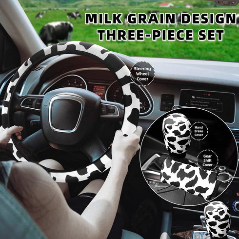 SuperKaKa 3PCS Cow Print Steering Wheel Cover,Auto Cute Anti-slip Breathable Cow-Pattern Shift Gear & Hand Brake Covers Universal Car Interior Acc...