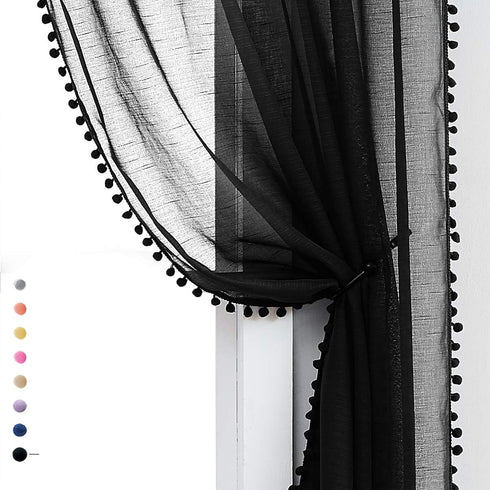 Treatmentex Black Pom Pom Sheer Curtains for Bedroom 63" Linen Texture Decorative Voile Draperies Chic Solid Sheer Curtain Panels for Living Room ...
