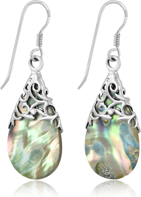 AeraVida Floral Vine Ornate Teardrop Abalone Shell .925 Sterling Silver Earrings | Abalone Earrings...