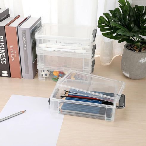 BTSKY 4 Pack Extra Large Capacity Plastic Pencil Box Stackable Translucent Clear Office Supplies Storage Organizer for Gel Pens Erasers Tape Pens ...