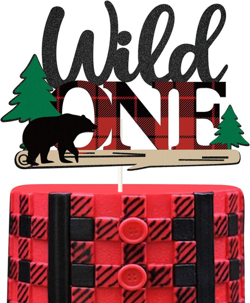 Lumberjack Wild One Cake Topper, Buffalo Plaid Camping Wild Bear 1st Birthday Cake Decor,Buffalo Woodland Lumberjack 1st Theme Baby Birthday Party...