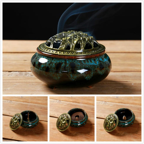 Ceramic Incense Burner with Incense Stick Holder + Insulation use for Stick or Coil Incense, Sage Cones and Frankincense (Fambe Blue)...