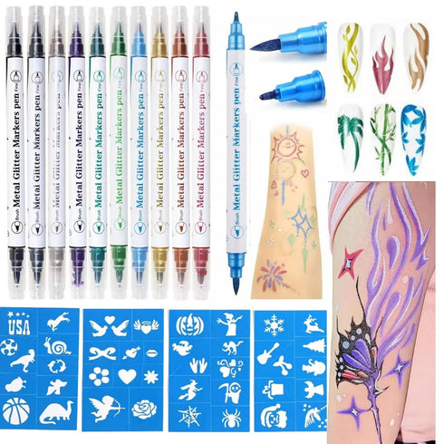 Temporary Tattoo Markers for Skin, 10 Body Markers Make Bold and Fine Lines, Cosmetic Quality + 40 Large Tattoo Stencils for Kids and Adults, Dual...