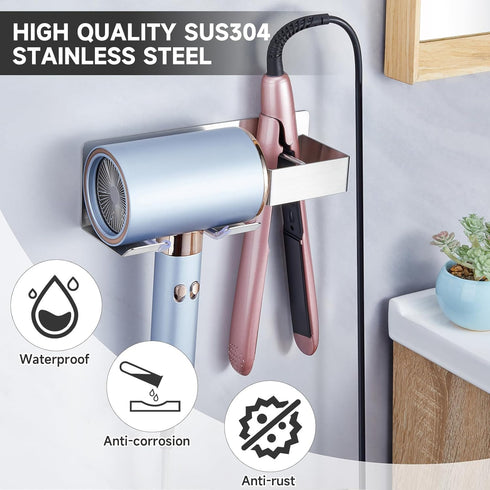 Hair Dryer Holder Wall Mounted, Blow Dryer Holder Stainless Steel, Adhesive Blow Dryer Holder, Hair Straightener Holder Curling Iron Holder Hair T...