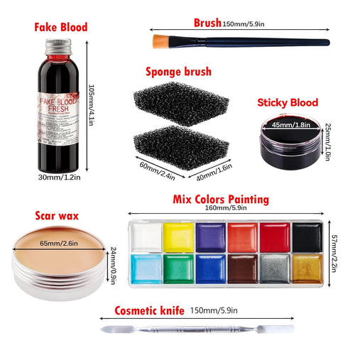 Special Effects SFX Halloween Makeup Kit - Fake Blood + Coagulated Blood Gel + 12 Colors Bruise Makeup Face Body Painting Palette with Brush + Sca...