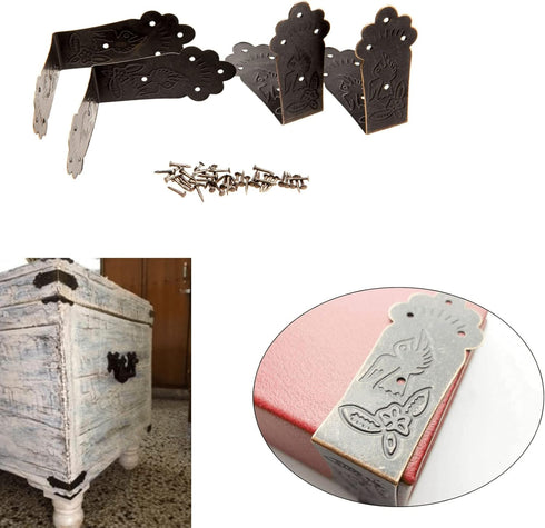 dophee 4Pcs Antique L Shaped Corner Guards, Embossing Decorative Edge Corner Bracket Protectors Cover with Mounting Screws for Chest Case Wooden B...