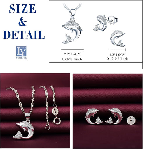 Yumilok Zircon Dolphin Necklace And Earring Sets for Women Jewelry Sets Sterling Silver Ocean Animal Stud Earrings Pendant Necklace Teen Friend Mo...