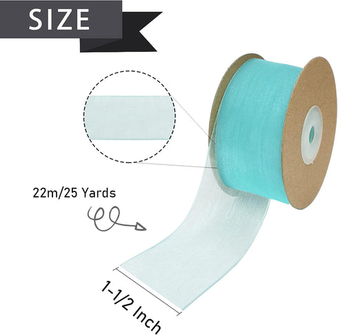 1-1/2 Inch Blue Sheer Organza Ribbon Turquoise Chiffon Fabric Ribbon Gift Wrapping Ribbon for Wedding Bridal Bouquet Crafts Hair Bows Wreath (25 Y...