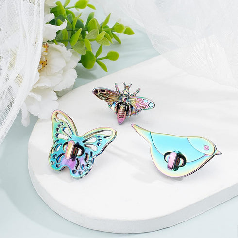 WADORN 3 Sets Purse Twist Lock Clasp, Rainbow Turn Lock Clip Hardware Purse Clutch Closure Metal Handbag Twist Lock Fastener Butterfly/Bee/Bird Sh...