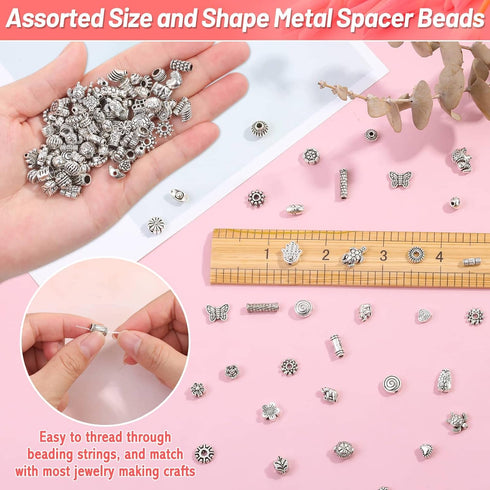 500 Pcs Bracelet Spacer Beads, Silver Bulk Random Styles Loose Spacer Metal Charm for Necklace, Earring Making DIY Jewelry Accessories...