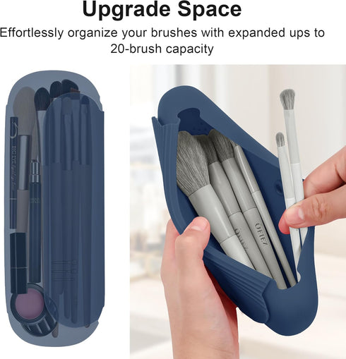 Travel Makeup Brush Holder,Silicon Portable Cosmetic Face Brushes Holder with Built-in Brush Cleaner,Upgrade Travel Essentials Makeup Brush Case,M...