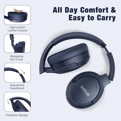 RUNOLIM Hybrid Active Noise Cancelling Headphones, 65H Playtime, Built-in Microphone, Bluetooth Wireless Over Ear Foldable Headphones with HiFi Au...
