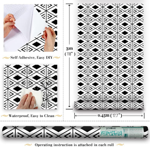 7023 Peel and Stick Wallpaper Black/White Geometric Trellis 17.7" x 9.8ft Modern Rhombus Trellis Self-Adhesive Contact Paper Shelf Liner for Home ...