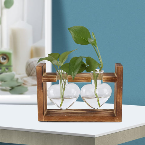 Plant Terrarium with Wooden Stand,Heart Shaped Transparent Glass Vase Flower Pot Hydroponics Plant Propagation Station for Hydroponics Plants Home...