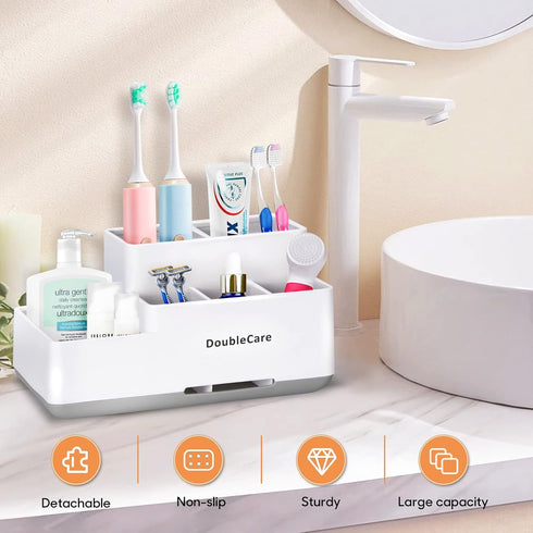 Toothbrush Holder with Anti-Slip, Bathroom Organizer Countertop Detachable for Easy Cleaning, Multifunctional Storage, Bathroom Caddy for Toothpas...