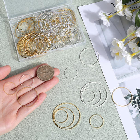 1 Box 6 Styles 120pcs Earrings Beading Hoop Round Beading Hoops Gold Silver Brass Circle Linking Earrings Beading Hoop Findings for Jewelry Making...