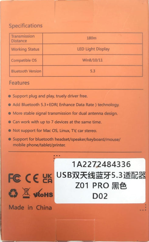 ZEXMTE Long Range Bluetooth 5.3 Adapter for PC, 590FT/180M USB Bluetooth Dongle for Desktop, Laptop, Printer, Keyboard, Mouse, Headset, Windows 8/...