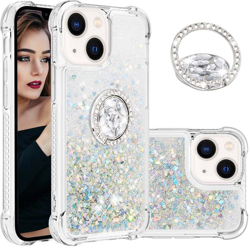 CCSmall Glitter Clear Sparkly Bling Case for Apple iPhone 15, Flowing Liquid Quicksand Cover with Diamond Ring Holder Case for iPhone 15 LSZ Silve...