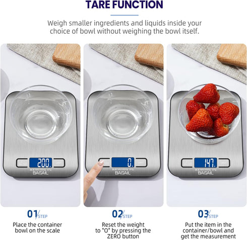 BAGAIL BASICS Digital Kitchen Scale, Premium Stainless Steel Food Scales Weight Grams and Oz for Baking and Cooking, 11lb/5kg with 0.1oz/1g Precis...