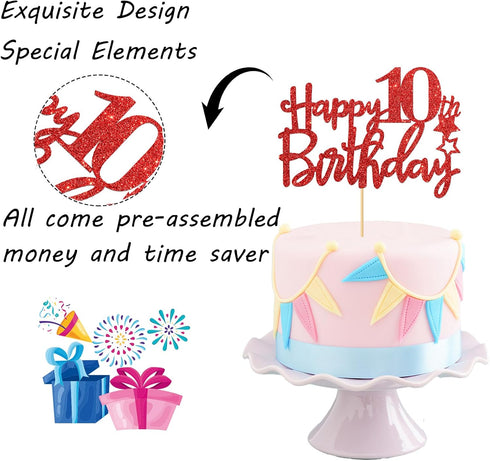 Red Glitter Happy 10th Birthday Cake Topper - Ten Sign Cake Topper - Cheers to 10 Years Party Supplies - 10th Birthday Party Decorations...