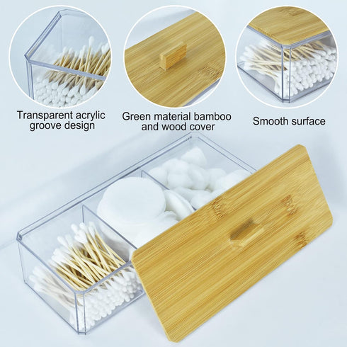 Qtip Holder Cotton Round Dispenser with Wood Lid Countertop 3 Compartments in 1 Dustproof Bathroom Organizer for Cotton Ball Clear Acrylic Contain...