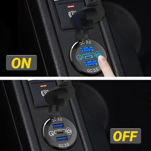 56W USB C Car Charger Socket, Ouffun Aluminum Metal 12V/24V Multiple USB Outlet PD 20W USB-C and Dual QC3.0 Ports with Power Switch USB Port 12V S...