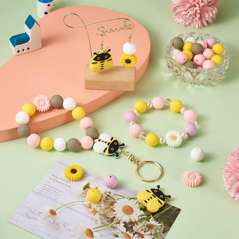 Cheriswelry Silicone Focal Beads Kits with 50pcs 15mm Round Silicone Beads for Pen & 5pcs Daisy Silicone Beads for Keychain Making & 4pcs Bees Sil...