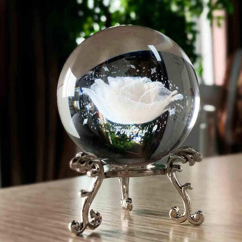 HDCRYSTALGIFTS 60mm 3D Inner Carving Rose Flower Crystal Ball Paperweight with Sliver Stand Fengshui Home Decor...