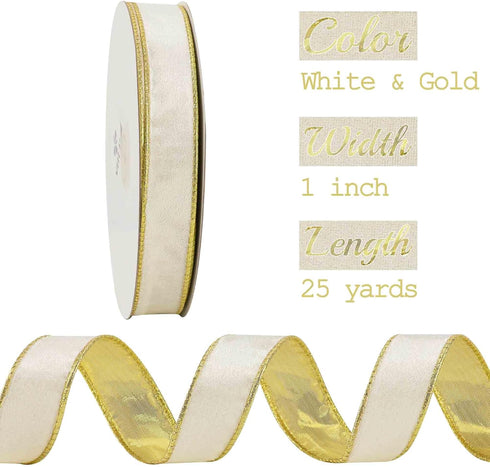 MEEDEE Skinny White Velvet Ribbon with Gold Back Double Sided Christmas Wired Ribbon 1 Inch Velvet Wired Ribbon 25 Yards White Crushed Velvet Ribb...